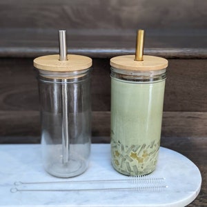 2 PACK: Reusable Bubble Tea Cup with Bamboo Lid, Bubble Tea and Smoothie Straw 1 Gold 1 Silver