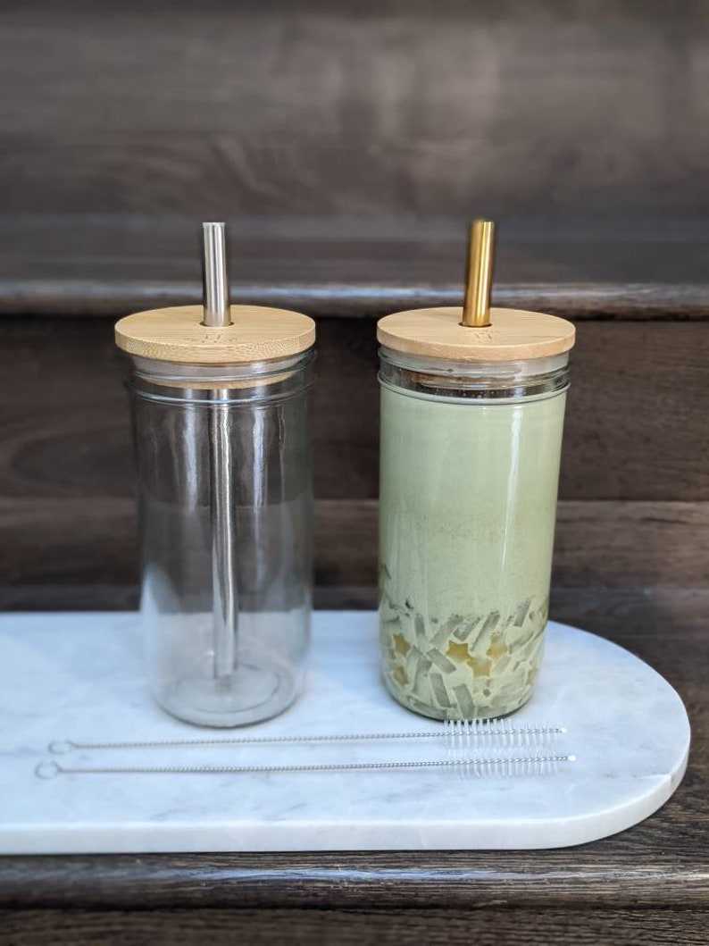 2 PACK: Reusable Bubble Tea Cup with Bamboo Lid, Bubble Tea and Smoothie Straw 1 Gold 1 Silver