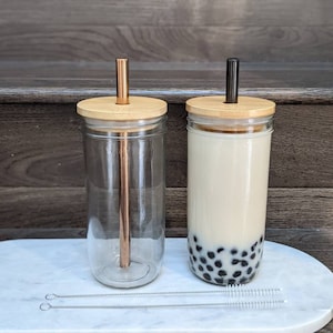 2 PACK: Reusable Bubble Tea Cup with Bamboo Lid, Bubble Tea and Smoothie Straw 1 Black 1 Rose Gold