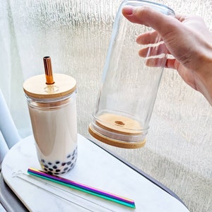 2 PACK: Reusable Bubble Tea Cup with Bamboo Lid, Bubble Tea and Smoothie Straw 1 RoseGold 1 Rainbow