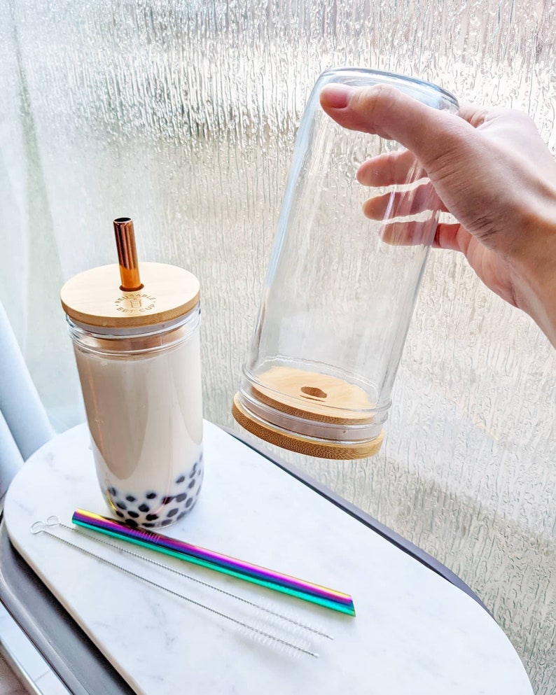 2 PACK: Reusable Bubble Tea Cup with Bamboo Lid, Bubble Tea and Smoothie Straw 1 RoseGold 1 Rainbow