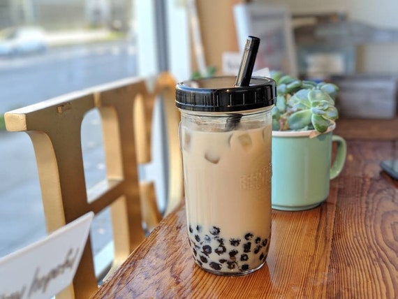 Reusable Boba/Bubble Tea/Smoothie Glass Cup with Bamboo Lid