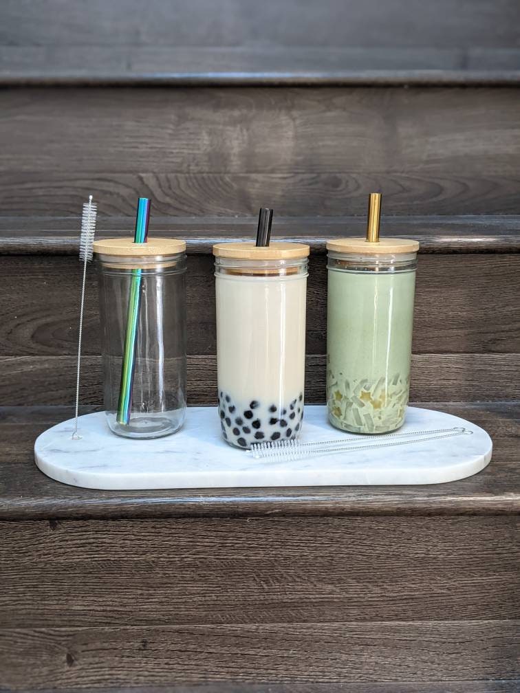 Reusable 20oz/16oz Glass Boba Tea Cup With Bamboo Lid, Tumbler - Perso