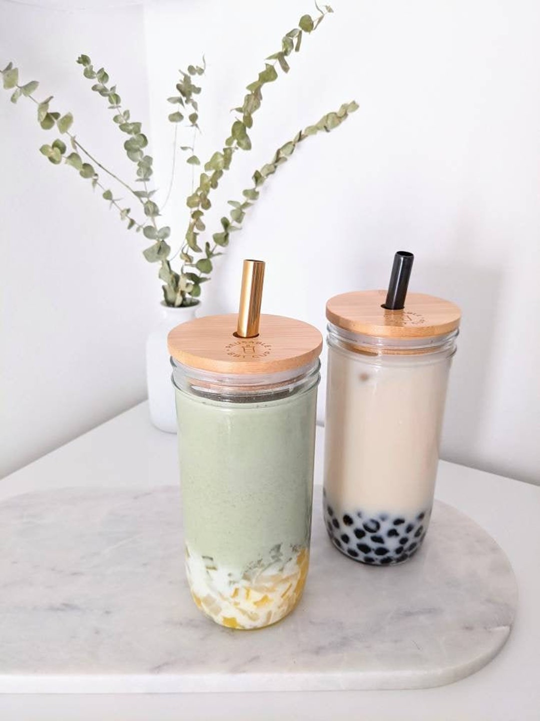 2 PACK: Reusable Bubble Tea Cup With Bamboo Lid, Bubble Tea and Smoothie  Straw 