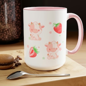 Strawberry Milk Cow Kawaii Mug Two-Tone Coffee Mugs, 15oz