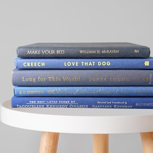 May include: A stack of hardcover books in shades of blue and gray, with gold lettering. The titles include "Make Your Bed," "Love That Dog," and "Long for This World." The books are on a white table.
