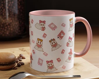 Cute Ghost Reading Pink Books Mug | Halloween Coffee & Tea Cup | Book Lover Gift | Spooky Cute Mug | 11oz | 15oz