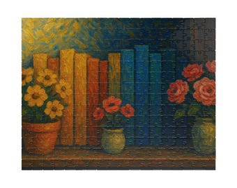 Floral Bookshelf Jigsaw Puzzle: Cozy Book Lover Gift