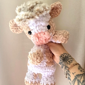 Crochet Cow Snuggler, Cow Lovey, Crochet Stuffed Animal, Stuffed Animal Baby Gift, First Birthday Gift, Crochet Plush Cow, highland cow toy