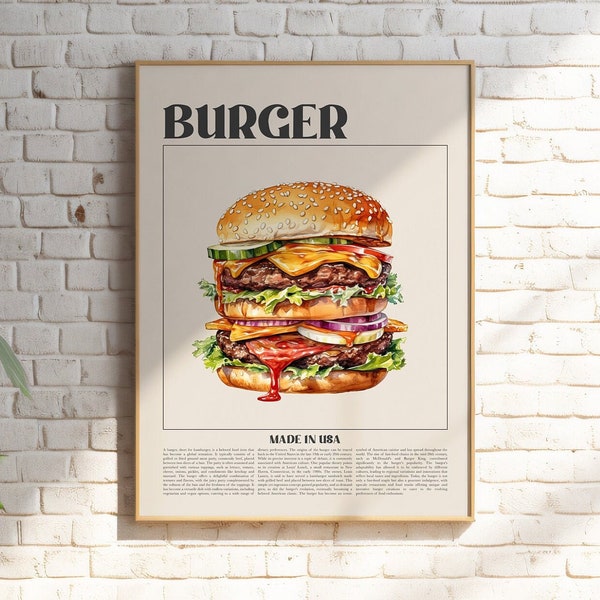 Retro Burger Wall Art, Vintage Hamburger Artwork, Burger Poster, Food wall decor, Foodie burger art, Hamburger digital wall art for kitchen