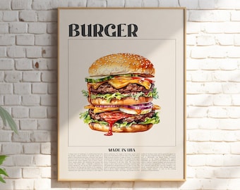Puede incluir: Un póster con la palabra "BURGER" en letras negras y en negrita en la parte superior. En el centro se muestra una hamburguesa grande de varios pisos con lechuga, tomate, cebolla, queso y un pan de sésamo. El texto "MADE IN UBA" está en la parte inferior del póster.