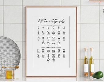 Kitchen Utensils Chart Wall Art Modern Style, Posters For Kitchen, Minimalistic Kitchen Wall Art, Kitchen Decor, Modern Food Digital Print