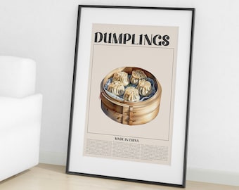 Retro Chinese Dumplings Wall Art, vintage dumplings prints, Chinese dumplings wall decor, retro food, dumplings artwork, dumplings poster