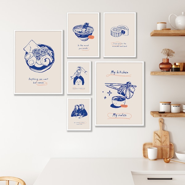 6er Set Galerie Wandkunst, Poster mit asiatisch inspiriertem Essen, Vintage Food Poster, Küchen Wandkunst, Küchendekoration, modernes Essen Digitaldruck