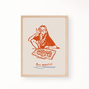 May include: A digital illustration of a person holding a cookie in front of their face, with a tray of cookies in front of them. The text "Bon appetit!" is written below the image.
