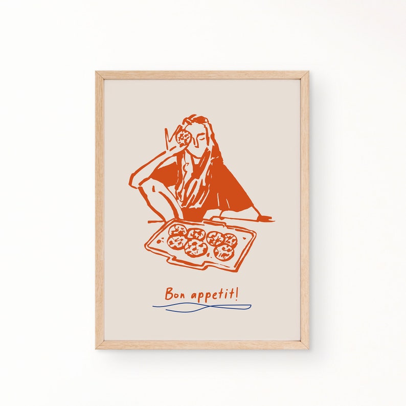 May include: A digital illustration of a person holding a cookie in front of their face, with a tray of cookies in front of them. The text "Bon appetit!" is written below the image.