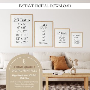 May include: Four framed printable art prints with different aspect ratios and sizes. The prints list various dimensions in inches and centimeters. The prints are displayed on a white couch with a wooden coffee table.