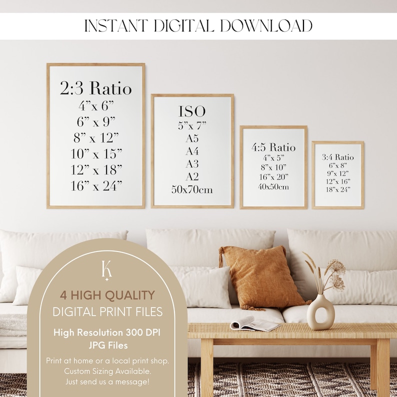 May include: Four framed printable art prints with different aspect ratios and sizes. The prints list various dimensions in inches and centimeters. The prints are displayed on a white couch with a wooden coffee table.