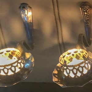 Tea Light Candle Holder Wall Mounted Pair & filigree ring from plated recycled cutlery flatware - Christmas gift idea