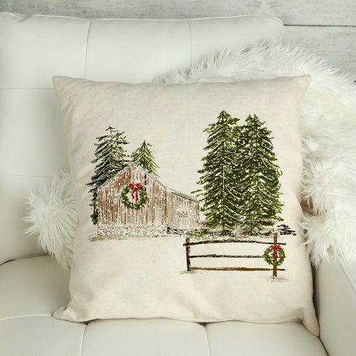 Christmas Barn With Wreath 18x18 Inch Pillow Cover 18 Etsy