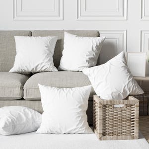 May include: Five white throw pillows on a light gray couch with a wicker basket in the foreground. The couch is in front of a white wall with decorative molding.