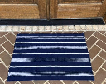 Modern Farmhouse Rug- Woven Rug- Navy with White Stripes #9