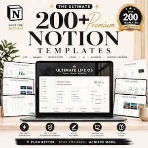 Peut inclure: Un ordinateur portable affichant un modèle Notion avec le texte "200+ Premium Notion Templates." Des écrans supplémentaires montrent des trackers de finances, de créateurs de contenu, d'habitudes, d'étudiants, d'objectifs et de voyages. Le texte "Plan Better. Stay Focused. Achieve More."