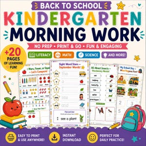 Peut inclure: Une ressource éducative numérique intitulée Back to School Kindergarten Morning Work comprenant vingt pages d'activités de lecture, de mathématiques et de sciences. La mise en page colorée inclut des fiches avec des mots, du vocabulaire et des exercices.