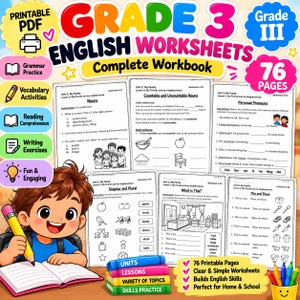 Peut inclure: Un ensemble de fiches d'exercices d'anglais de niveau CE2 au format PDF imprimable, comprenant 76 pages de grammaire, vocabulaire, lecture et écriture. Le cahier inclut des leçons illustrées sur les noms, pronoms, singuliers et pluriels.