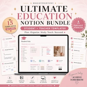 以下が含まれることがあります： 「ULTIMATE EDUCATION NOTION BUNDLE」のテキストが表示されたノートパソコンの画面に表示されたデジタル教育バンドル。このバンドルには、学生と教師向けの15個のテンプレートが含まれており、ピンクと白の配色です。画像には「INSTANT DOWNLOAD」のテキストも含まれています。