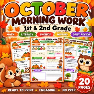 Op de afbeelding: Een printbare set werkbladen getiteld October Morning Work voor leerlingen van groep 3 en 4. De pagina's bevatten herfstthema-afbeeldingen met pompoenen, eekhoorns en uilen, met oefeningen voor rekenen, taal, fonetiek en schrijven.