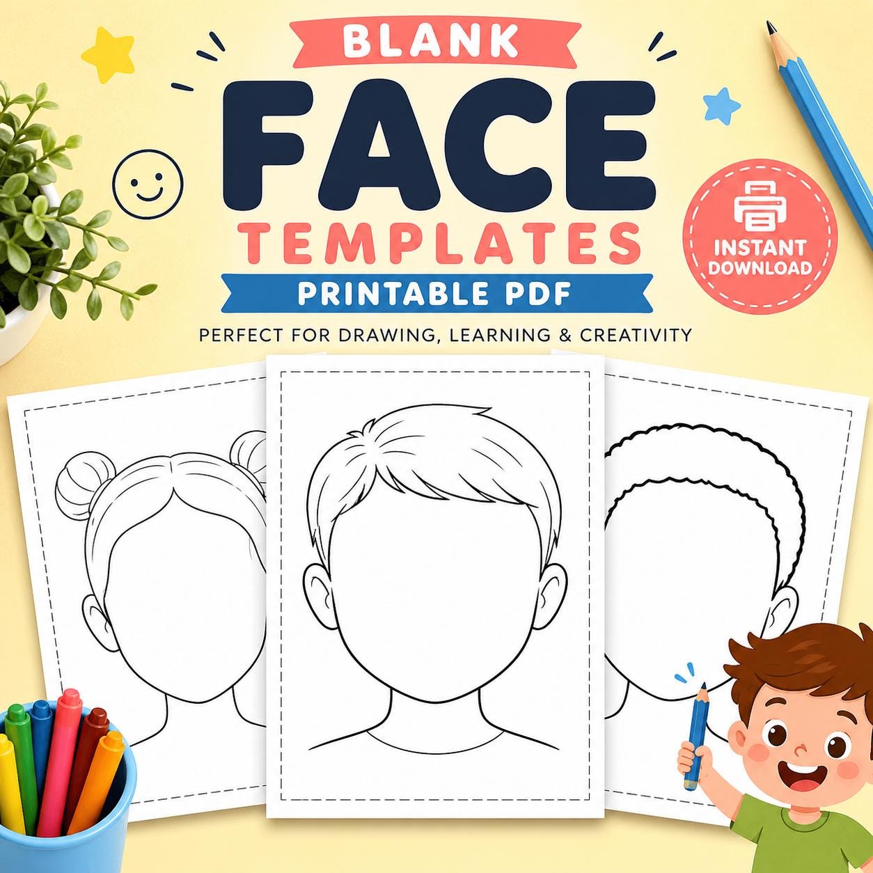 Blank Face Template Printable PDF Set for Kids - Drawing, Learning, Art
