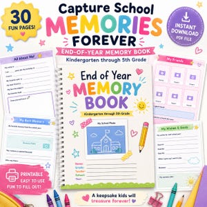 Peut inclure: Un livre de souvenirs de fin d'année pour les enfants de la maternelle à la 5e année. La couverture affiche "End of Year Memory Book" avec une illustration d'école. Comprend des pages pour les photos, les amis, les souhaits et les objectifs. Le livre a 30 pages amusantes.