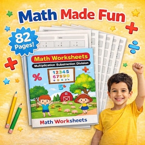 Peut inclure: Un cahier de mathématiques intitulé "Math Worksheets" avec le texte "Math Made Fun". La couverture présente des illustrations de dessins animés et des symboles mathématiques. Le cahier est accompagné de crayons et d'un enfant souriant.
