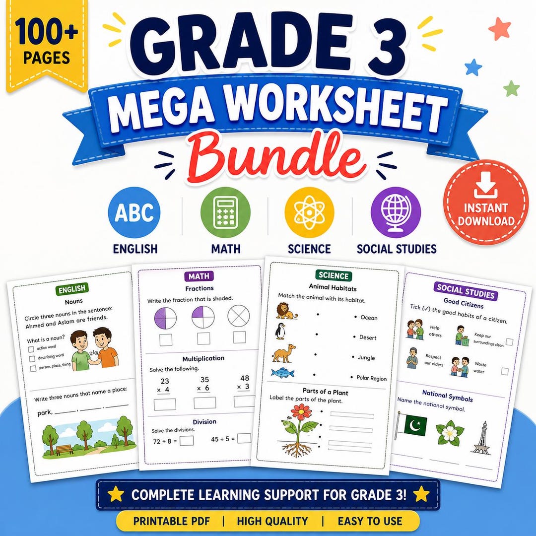 Grade 3 Worksheets Bundle Printable PDF | Math, English, Science