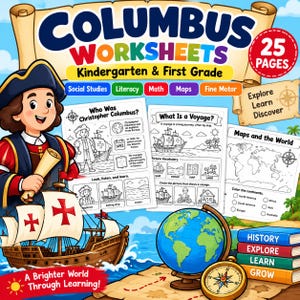 Puede incluir: Un recurso educativo digital titulado Columbus Worksheets para jardín de infancia y primer grado, con 25 páginas de actividades de estudios sociales, alfabetización, matemáticas, mapas y motricidad fina. Incluye un explorador, barco y globo.