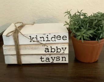 Personalized Stamped Book Stack, Neutral Farmhouse Decor (Set of 3)