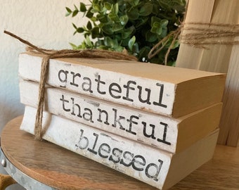 Grateful thankful blessed Stacked Books //Home Books//Neutral Farmhouse Decor//Home Decor