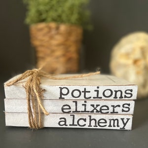 Potions, elixirs, alchemy Halloween book stack, Halloween farmhouse book stack, Neutral Halloween decor