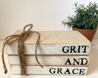 Grit and Grace Stamped Books//Home Books//Neutral Farmhouse Decor//Vintage Home//Stacked Books//Free Shipping