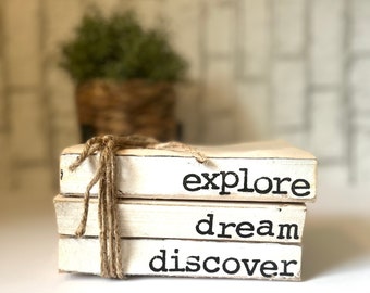 Explore Dream Discover Stamped Books//Home Books//Neutral Farmhouse Decor//Vintage Home//farmhouse books//Free Shipping