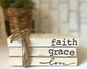 Faith Grace Love Stamped Books//Home Books//Neutral Farmhouse Decor//Vintage Home//farmhouse books//Free Shipping