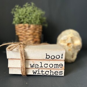 Boo! Welcome witches Halloween book stack, Halloween farmhouse book stack, Neutral Halloween decor