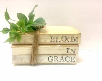 Bloom In Grace Stamped Books//Home Books//Neutral Farmhouse Decor//Vintage Home//Stacked Books//Free Shipping