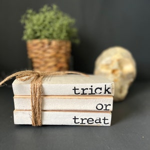 Trick or Treat Halloween book stack, Halloween farmhouse book stack, Neutral Halloween decor