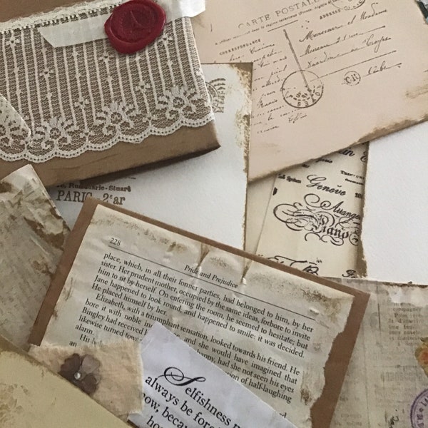 Ephemera envelopes for journaling, decoupaged envelopes, stamped envelopes, coffee dyed, inked envelopes, envelope assortment