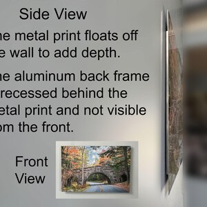 May include: A metal print of a stone bridge over a road, with fall foliage. The print is mounted on a wall, with the aluminum back frame recessed. The text "Side View" and "Front View" are visible.