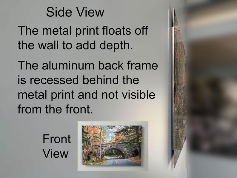 May include: A metal print of a stone bridge over a road, with fall foliage. The print is mounted on a wall, with the aluminum back frame recessed. The text "Side View" and "Front View" are visible.
