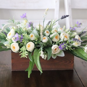 Artificial flowers in wooden box, lavander, floral arrangement for office, dining area and living room