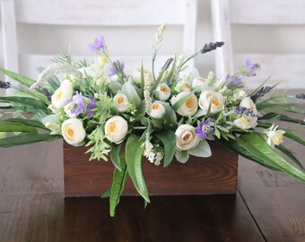Rustic Rose & Lavender Floral Arrangement, Wood Box Centerpiece